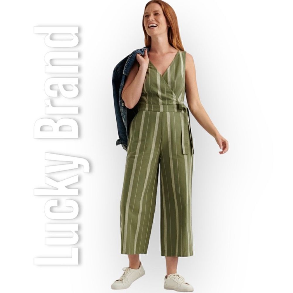 Lucky Brand Daisy Jumpsuit Green Striped V-neck Wide Leg Cropped Pant Women’s XS